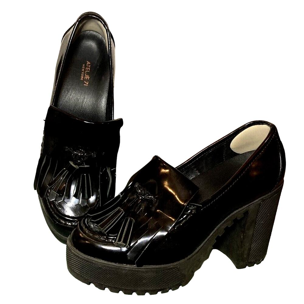 Atelje 71 Anja Specchio Black Leather Kiltie Lug Heel NIB, 7